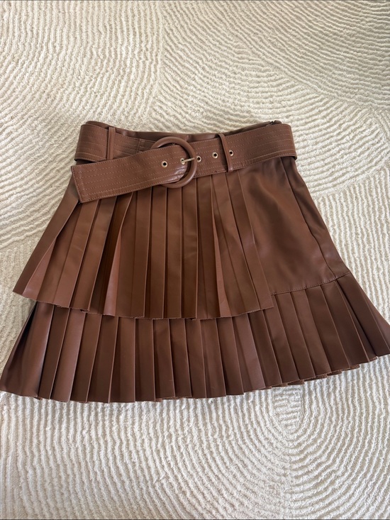 Zara Dresses & Skirts - Zara Chocolate Brown Pleated Faux-Leather Mini Skirt with Belt